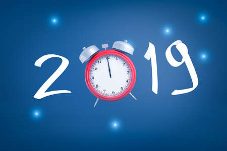 3d rendering of 2019 sign with an alarm clock on blue background