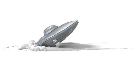 3d rendering of silver metal ufo crash landing isolated on white background. Science fiction. Extraterrestrial life. Space technology.の写真素材