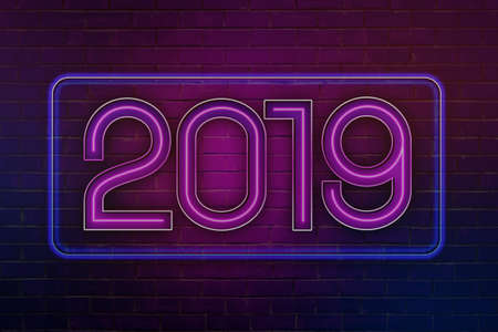 3d rendering of violet pink neon sign 2019 on brick wall backgroundの写真素材