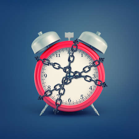 3d rendering of an old-fashioned alarm clock enchained in shackles on blue background.