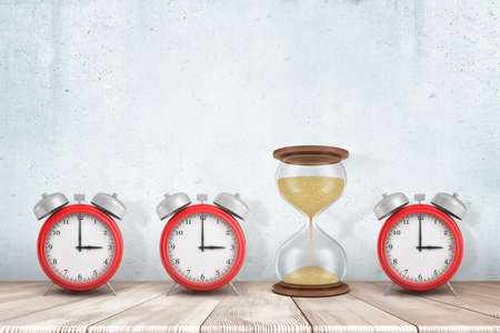 3d rendering of three alarm clocks and one sandglass on white wooden floor with white wall...