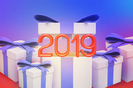 3d rendering of red 2019 sign appearing out of one of gift boxes with violet ribbons