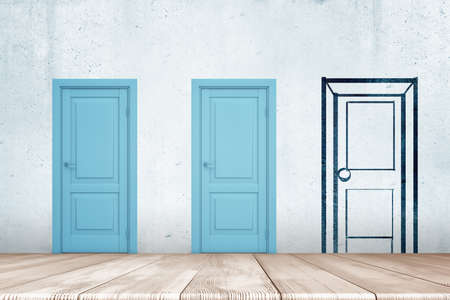 3d rendering of two blue doors and one sketch door drawn on the wall with white wooden floor belowの写真素材