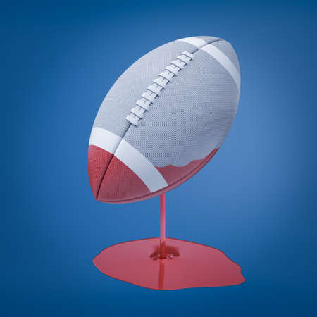 3d rendering of a light-gray oval ball for American football that has been dipped in red paint which is still dripping down and forming a puddle.の写真素材