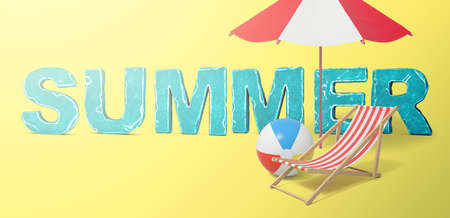 3d rendering of the SUMMER title with a beach umbrella, a deck chair and a beach ball on a yellow...