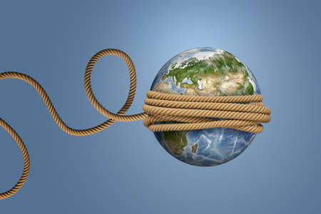 3d rendering of planet Earth, tied with a rope and thrown like a ball or a yo-yo.の写真素材
