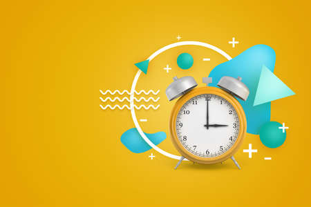 3d rendering of a vintage alarm clock with various symbols and geometric shapes floating around on yellow background.の写真素材