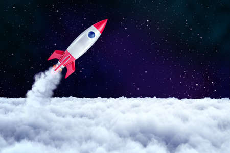 3d rendering of a space rocket which has just passed through a layer of thick clouds and is now heading into open space.の写真素材