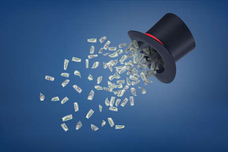 3d rendering of a large black magicians tophat with many green dollar banknotes flying out of it.の写真素材
