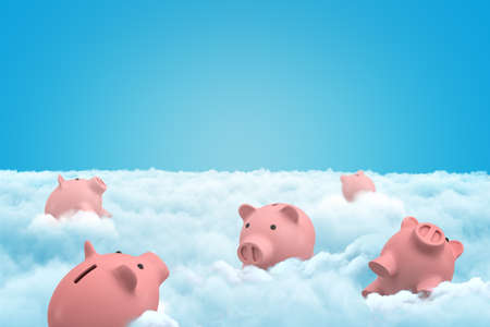 3d rendering of five pink piggy banks in the clouds on blue sky backgroundの写真素材