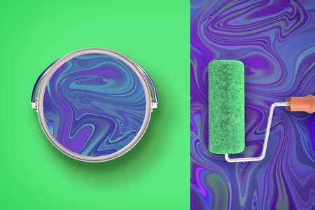 3d rendering of double-colored background with a contrast paint bucket full of violet liquid and a paint roller.の写真素材