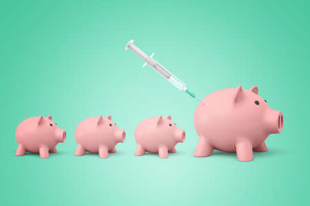 3d rendering of three small and one bigger piggy banks standing in file, a syringe giving an injection to the bigger one.の写真素材