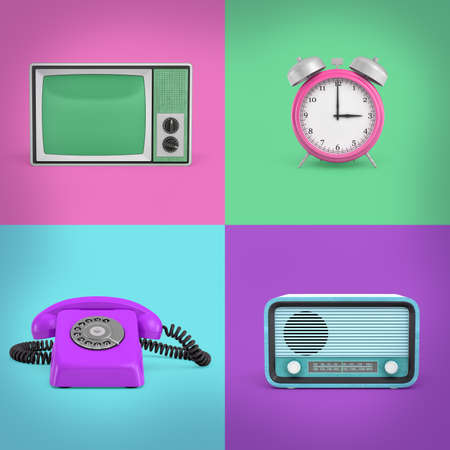 3d rendering of four contrast background squares with a retro phone, a radio, a TV set and an alarm...