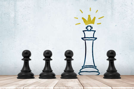 3d rendering of 4 black chess pawns on white wooden floor with chess king drawn on the wall