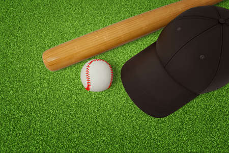 3d rendering of baseball bat, ball and black cap on green field backgroundの写真素材