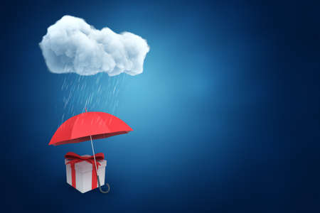 3d rendering of red gift box under red umbrella with a cloud and rain drops above on blue backgroundの写真素材