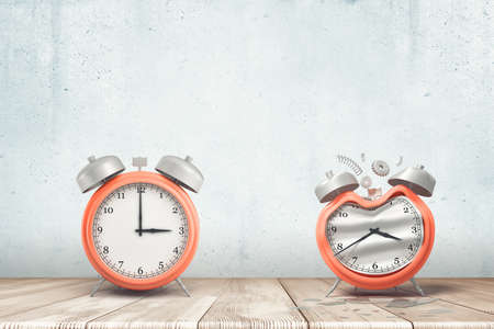 3d rendering of a working silver red alarm clock and a damaged one on white wooden floor and white...
