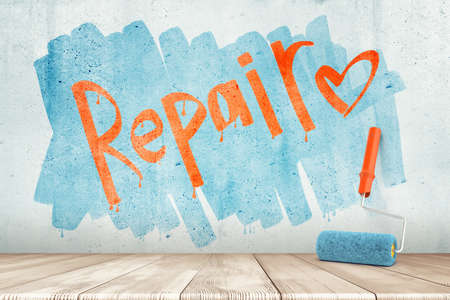 3d rendering of a wall with the word Repair and a heart on it and a paint roller against the wall.の写真素材