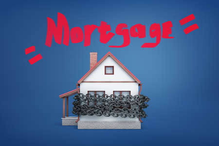 3d rendering of a small family house bound by a metal chain under the red word Mortgage.の写真素材
