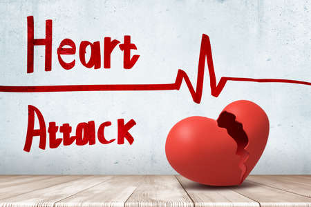 3d rendering of red broken heart with a heart rhythm cardiogram and HEART ATTACK sign on white wall backgroundの写真素材