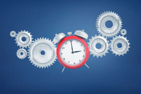 3d rendering of a red alarm clock surrounded by light-grey cogwheels floating in the air.の写真素材