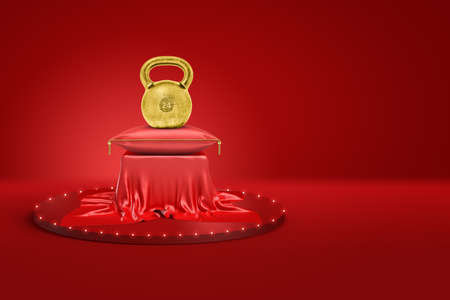 3d rendering of golden kettlebell weight on red cushion and pedestal covered with red cloth on red backgroundの写真素材