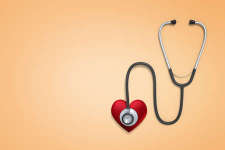 3d rendering of a stethoscope with a red stylized heart attached to the chestpiece on a light background with lots of copy space left.の写真素材
