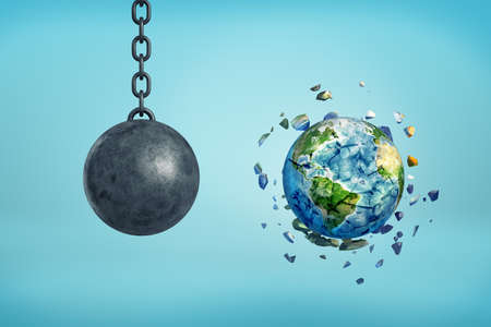 3d rendering of metal chained ball and earth sphere shatteredの写真素材