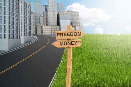 3d rendering of wooden sign which reads FREEDOM pointing to green lawn and MONEY pointing to concrete jungle.の写真素材
