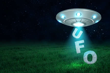 3d rendering of a UFO at night above a green meadow with letters U-F-O falling down from its open hatch.の写真素材