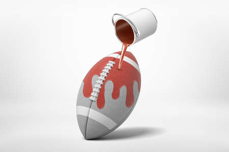 3d rendering of can of paint in the air spilling brown paint over grey oval ball for American...
