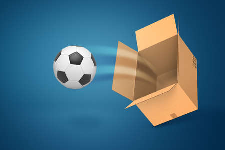 3d rendering of football ball flying out of carton box on blue background