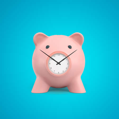 3d rendering of pink piggy bank with clock instead of snout and long black clock hands on blue...