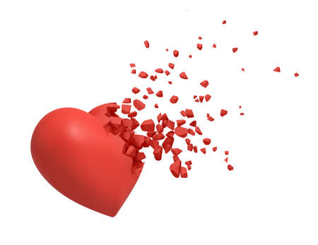 3d rendering of red heart shattering into small pieces isolated on white backgroundの写真素材