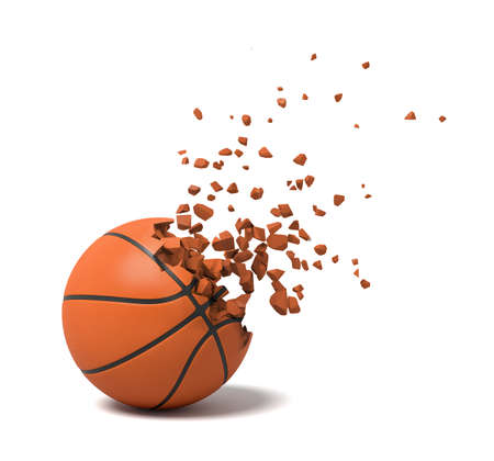 3d rendering close-up of basketball starting to dissolve into pieces on white background.の写真素材