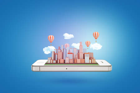 3d rendering of a smartphone floating horizontally with a modern city rising from its screen with clouds and hot air balloons above the high-rise buildings.の写真素材