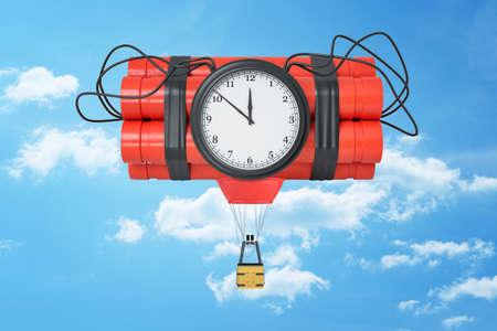 3d rendering of a dynamite bundle with a time bomb and with a little hot-air balloon gondola attached to it in the blue sky.の写真素材