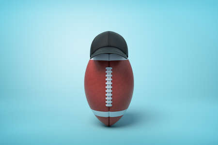 3d rendering of oval ball for American football standing upright on the right wearing black cap on...