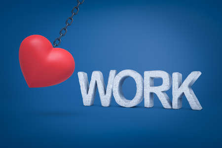 3d rendering of big red heart hanging on metal chain with WORK concrete sign on blue backgroundの写真素材