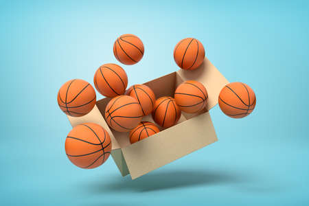 3d rendering of cardboard box full of basketballs in mid-air on light-blue background.