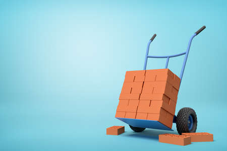3d rendering of stack of red perforated bricks on blue hand truck with several bricks on ground on...