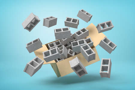 3d rendering of cardboard box in air full of gray hollow bricks which are flying out and floating...