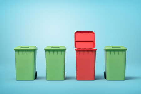 3d rendering of three green and one open red trash bins on blue background