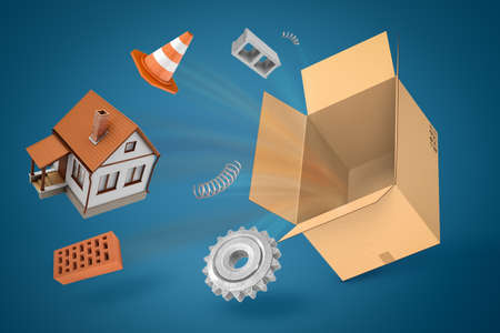 3d rendering of empty cardboard box, small house, warning cone, piece of spring coil, bricks, and...
