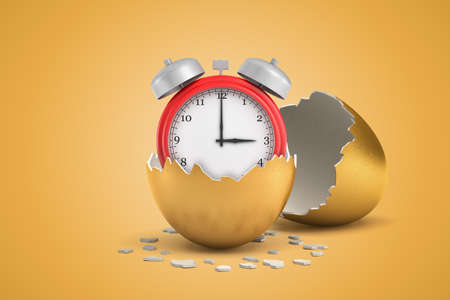 3d close-up rendering of red alarm clock inside of half gold eggshell with the other eggshell behind...