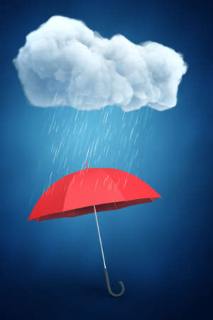 3d rendering of red umbrella under rainy white cloud on blue backgroundの写真素材