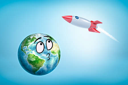 3d rendering of smiley cartoon faced earth globe and red silver rocket on blue background