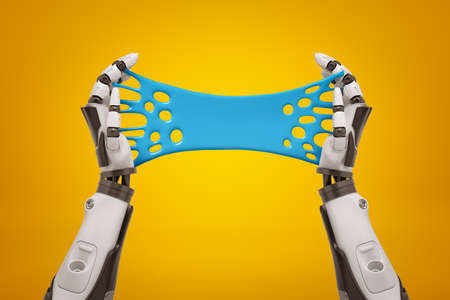 3d rendering of two black and white robots hands holding blue sticky slime banner on yellow...