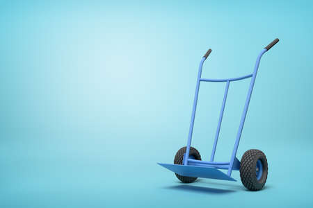 3d rendering of blue empty hand truck standing upright in half-turn on light-blue background with much copy space.の写真素材
