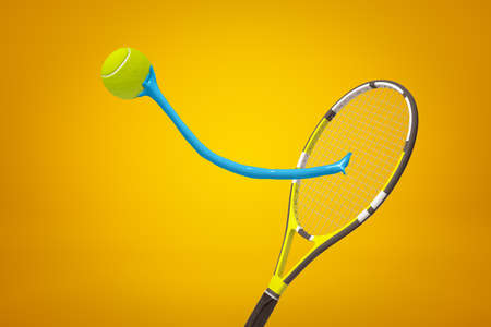 3d rendering of yellow tennis ball stuck to tennis racket with blue sticky slime on yellow backgroundの写真素材